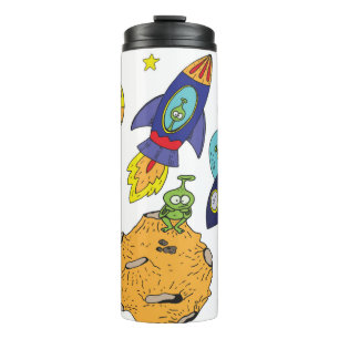 Set of cartoon illustrations about space in bright thermal tumbler
