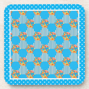 Set of Cork-backed Coasters Orange, Blue Patchwork