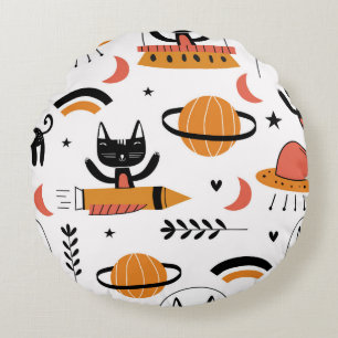 Set of cute cat illustration vintage design art. F Round Cushion