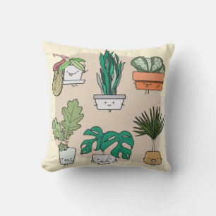 Set of cute house plants in pots. Colourful botani Cushion