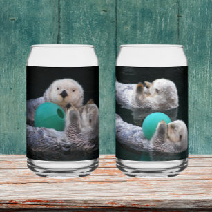 Set of Cute Sea Otters in Water Can Glass