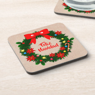 Set of Feliz Navidad Merry Christmas Plastic, Cork Coaster