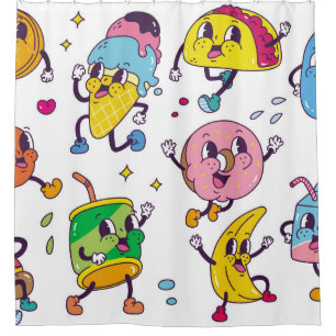 Set of food and drink in retro cartoon style illus shower curtain