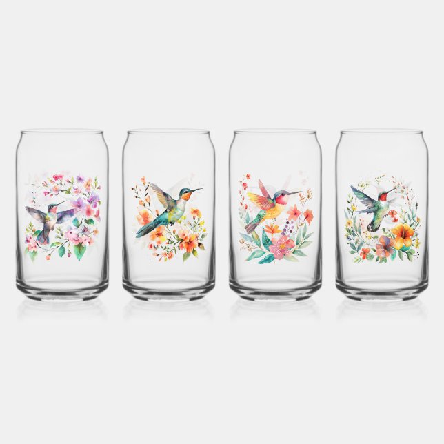 Set Of Four Hummingbirds Floral Wreath Can Glass (Front)