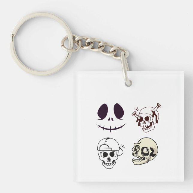 Set of Four Unique Skull Illustrations Key Ring (Front)