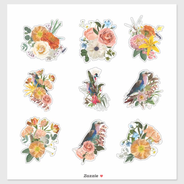 Set of garden spring flowers and birds elements.  (Sheet)