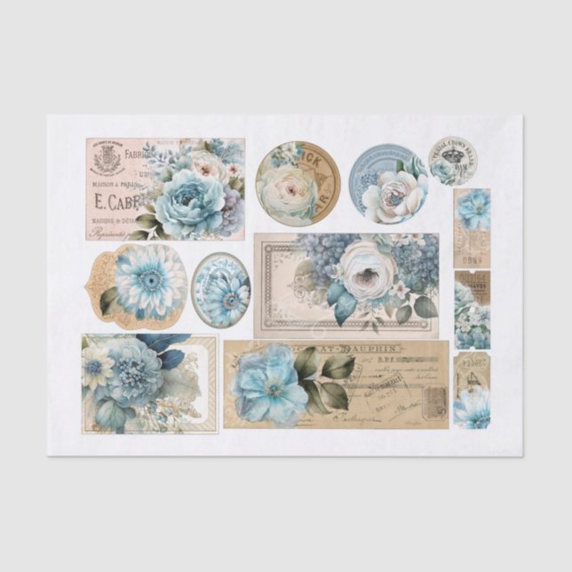 Set of Gorgeous Blue Floral Ephemera Tissue Paper (Front)
