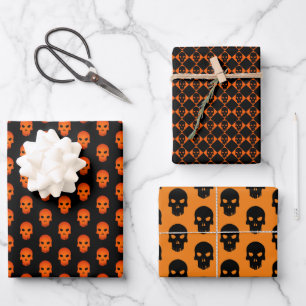 Set of Halloween Black & Orange Skulls Wrapping Paper Sheet