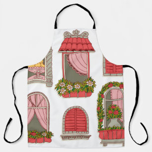 set of illustrations with a vintage windows apron