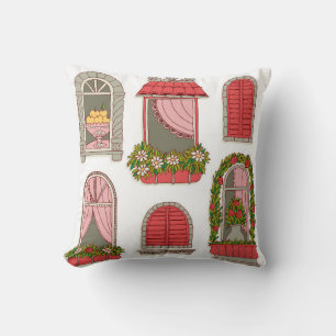 set of illustrations with a vintage windows cushion