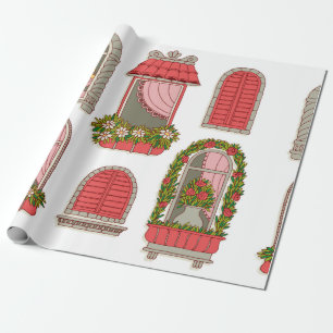 set of illustrations with a vintage windows wrapping paper