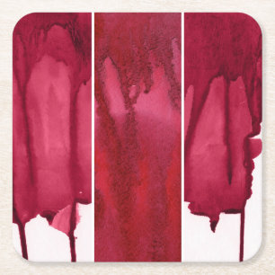 Set of red watercolor abstract hand painted square paper coaster