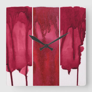 Set of red watercolor abstract hand painted square wall clock