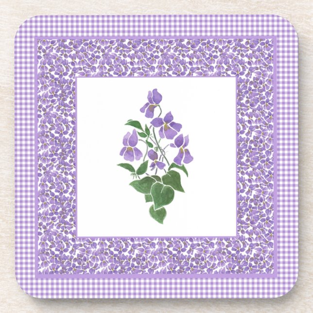 Set of Square Coasters, Violets and Check Gingham Coaster (Front)