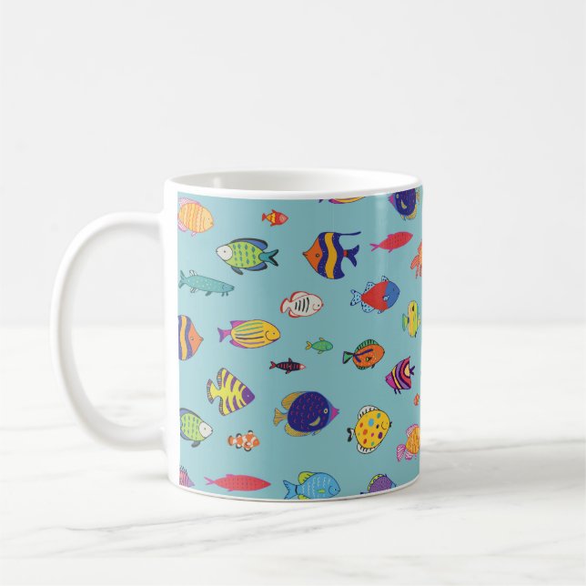 Set of tropical fish. line seamless pattern coffee mug (Left)