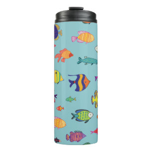 Set of tropical fish. line seamless pattern thermal tumbler
