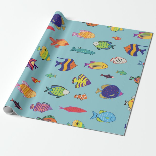 Set of tropical fish. line seamless pattern wrapping paper (Unrolled)