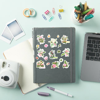 Set of tropical flowers, palm leaves and birds.
