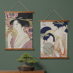 Set of Two: Exquisite Vintage Japanese Geisha Art Hanging Tapestry
