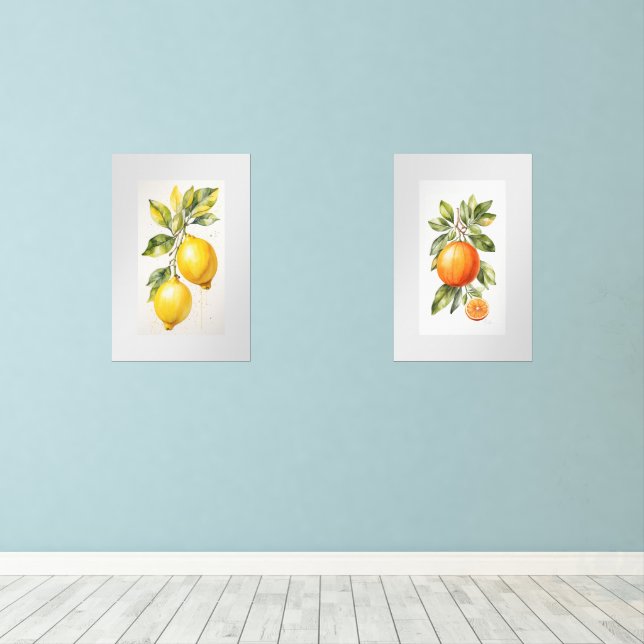Set of Two Wall Art Watercolor Fruit Prints (Wood Floor)