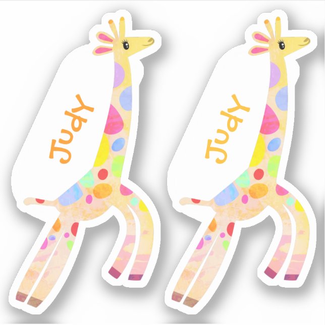 Set of Two Whimsical Colourful Giraffe Name Labels (Front)