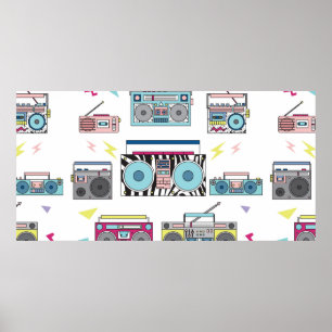Set of various vintage cassette players. Retro 80s Poster