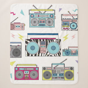 Set of various vintage cassette players. Retro 80s Sherpa Blanket
