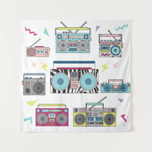 Set of various vintage cassette players. Retro 80s Tapestry