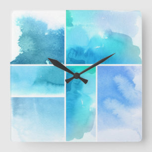 Set of watercolor abstract hand painted 2 square wall clock