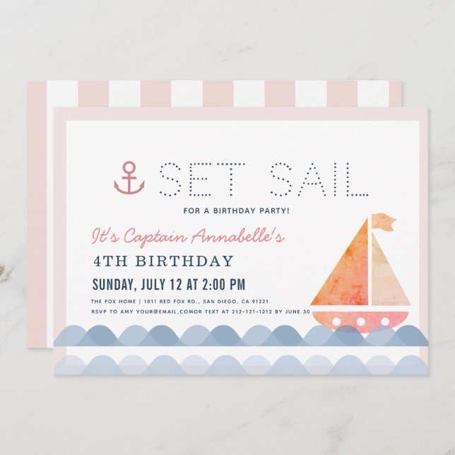 Set Sail Sailboat Nautical Pink Girl Birthday Invitation (Front/Back)