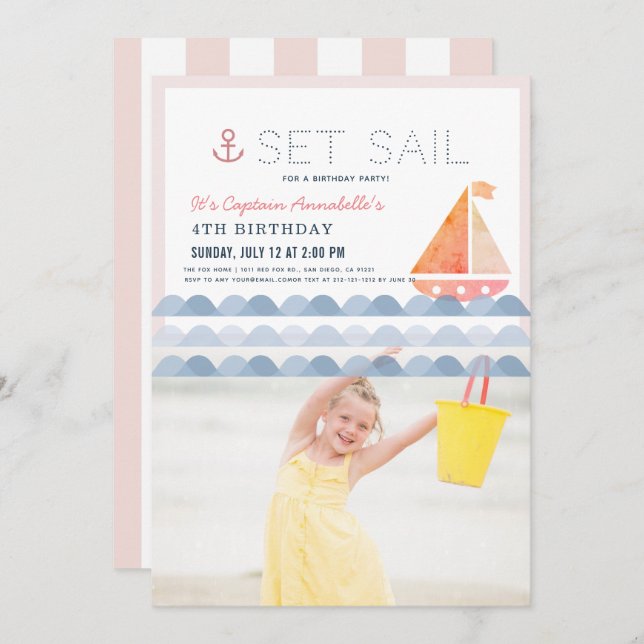 Set Sail Sailboat Pink Girl Birthday Photo Invitation (Front/Back)