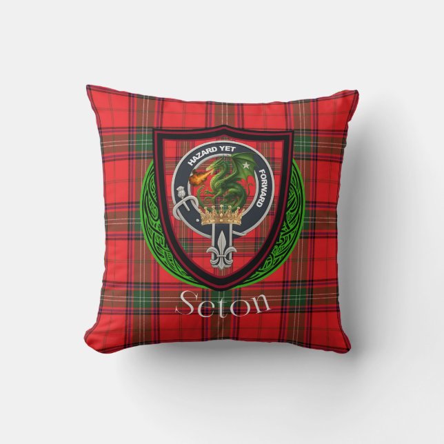 Seton Scottish Clan Tartan & Crest Cushion (Front)