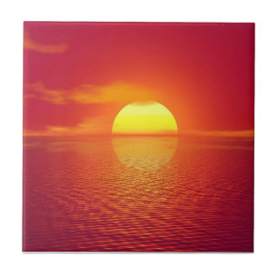Setting Sun over Orange Sea Calm Ocean Sunset  Ceramic Tile