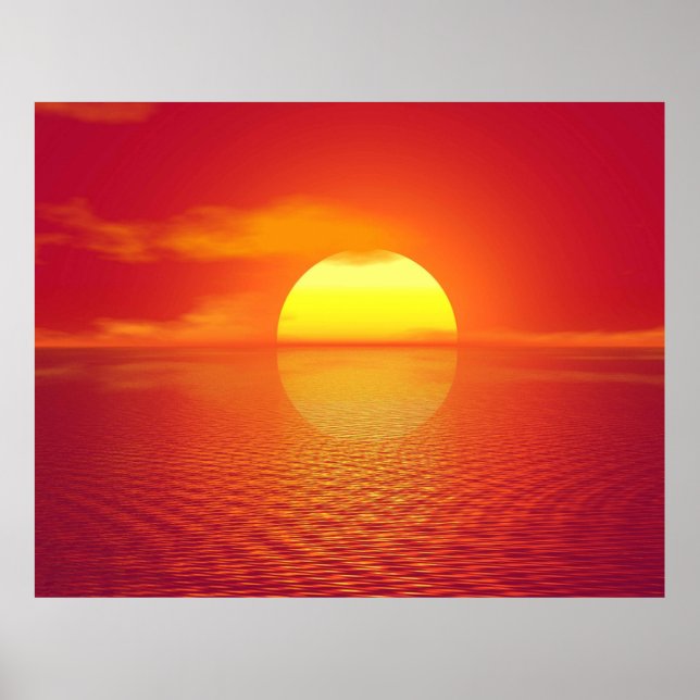 Setting Sun over Orange Sea Calm Ocean Sunset  Poster (Front)