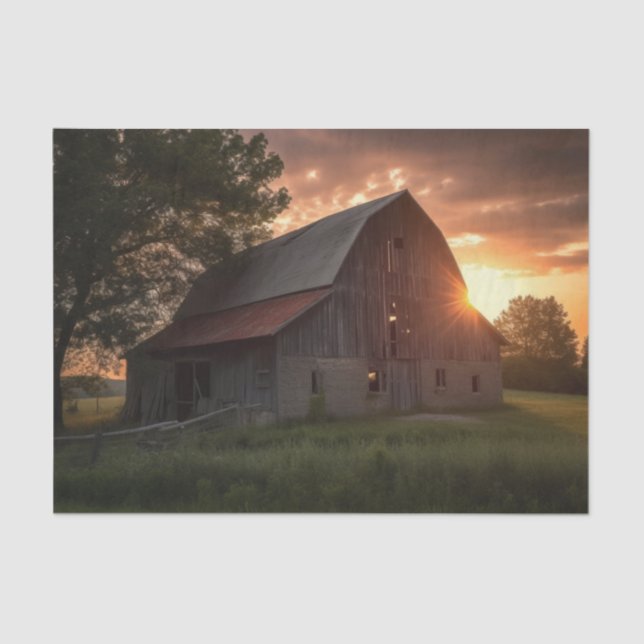 Setting Sun Peaking Around a Large Wooden Barn Tissue Paper (Front)
