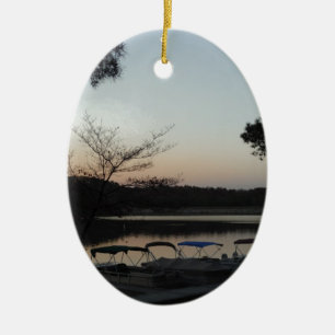 Setting Sun, Rising Moon over Lake Arrowhead Ceramic Ornament