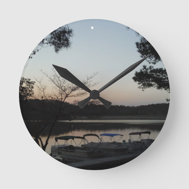 Setting Sun, Rising Moon  over  Lake Arrowhead Round Clock (Front)