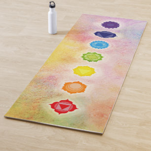 Seven Chakra Symbols on Watercolor Yoga Mat