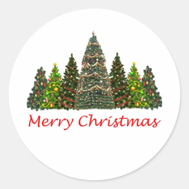 Seven Christmas Trees, Merry Christmas Classic Round Sticker (Front)