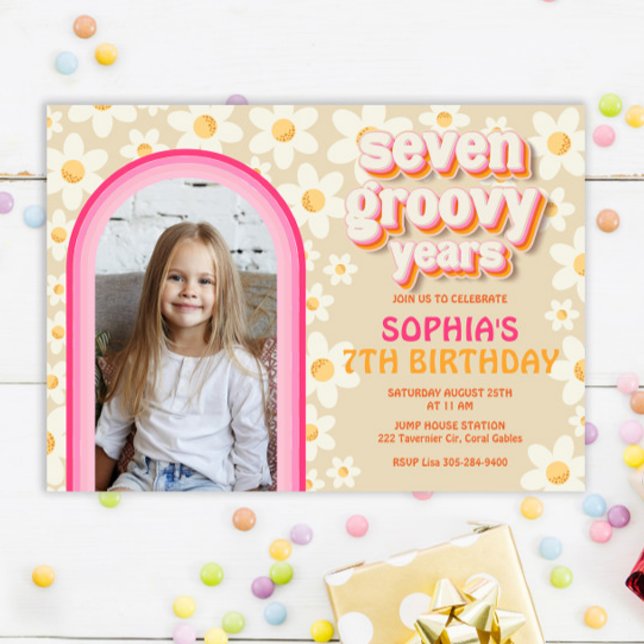 Seven Groovy Retro Daisy Photo Birthday Invitation (Creator Uploaded)