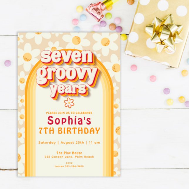 Seven Groovy Years 7th Birthday Invitation | Retro (Creator Uploaded)