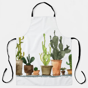 Seven hand drawn green watercolor cactus in brown  apron