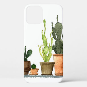 Seven hand drawn green watercolor cactus in brown  iPhone 12 case