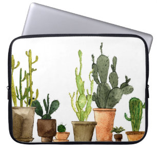 Seven hand drawn green watercolor cactus in brown laptop sleeve