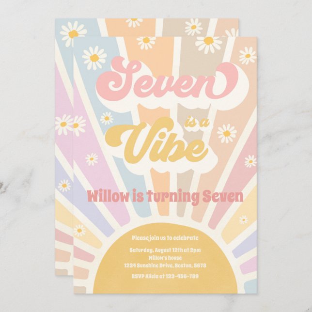 Seven Is A Vibe Boho Sunshine 7th Birthday Party Invitation (Front/Back)