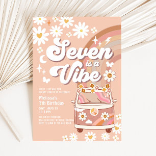 Seven is a Vibe Daisy Beige Cream Rainbow Birthday Invitation