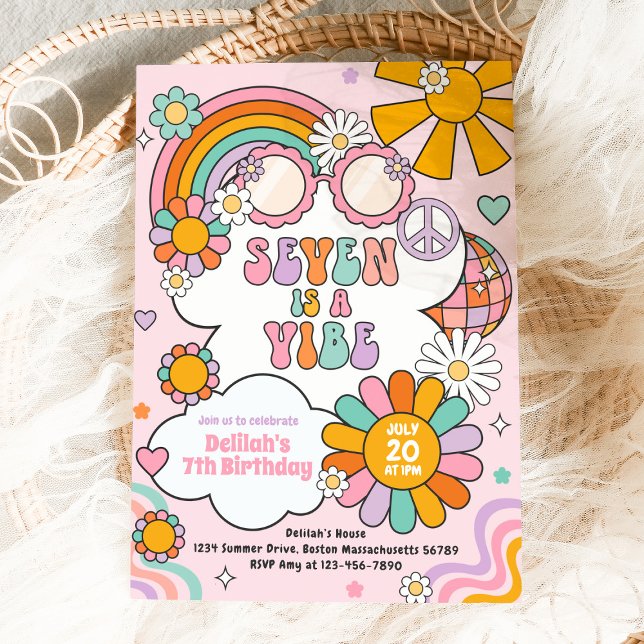 Seven Is A Vibe Groovy 70s Flower Power Birthday Invitation (Creator Uploaded)
