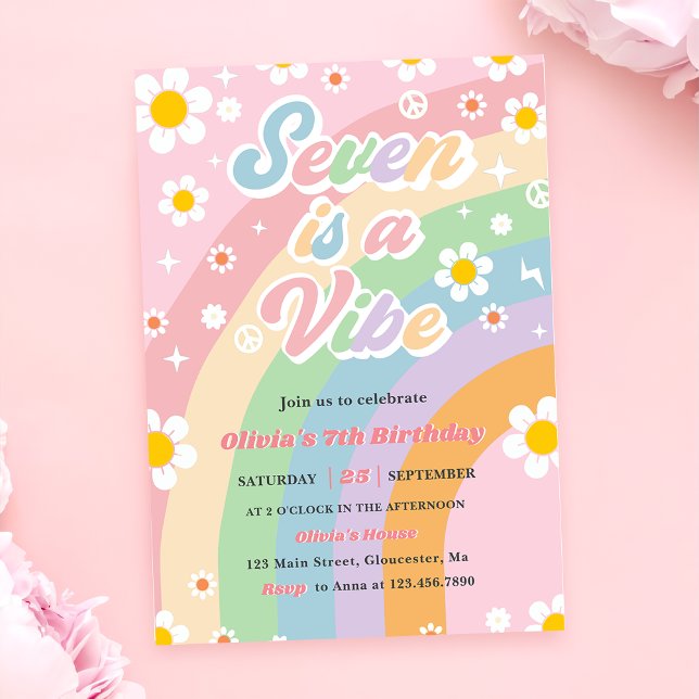 Seven Is A Vibe Groovy Daisy Rainbow 7th Birthday Invitation (Creator Uploaded)