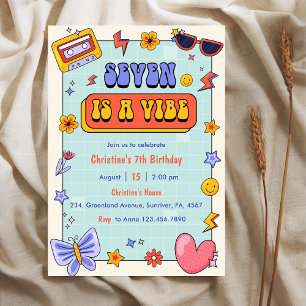 Seven Is A Vibe Groovy Hippie 7th Birthday Party  Invitation