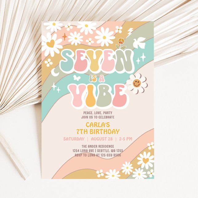 Seven is a Vibe Groovy Retro 7th Birthday Invitation (Creator Uploaded)